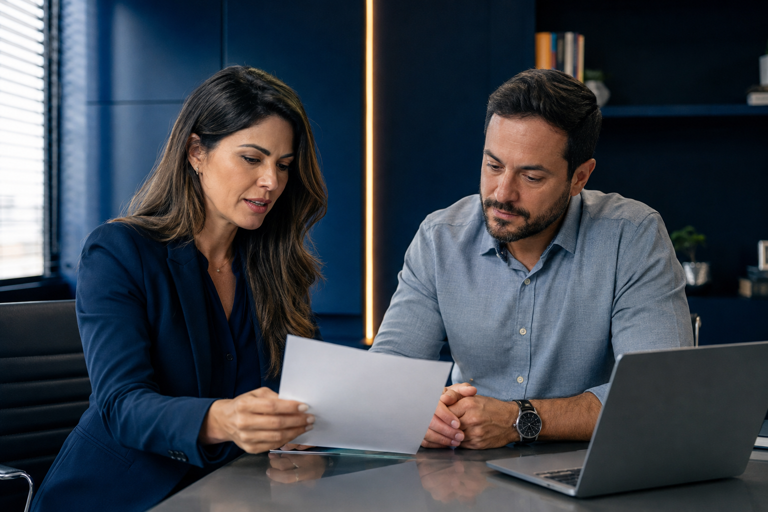 Advogada e cliente analisando documentos em um escritório